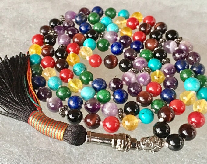 7 Chakra mala necklace, Seven Chakra necklace, 108 mala beads, Yoga necklace, Tassel necklace, 108 Japa mala, Prayer beads, Healing stones
