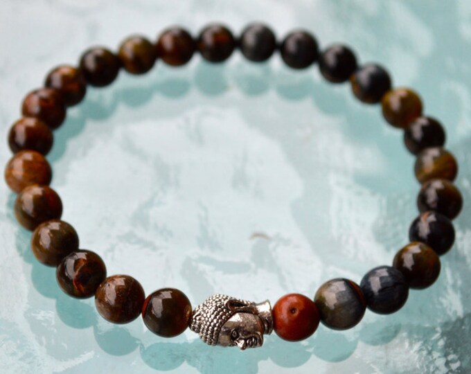 8mm Tiger Eye Jasper Budha Wrist Mala Beads Healing Bracelet - For Luck Prosperity Enhance Confidence, Insomnia, Improves Creativity, Peace