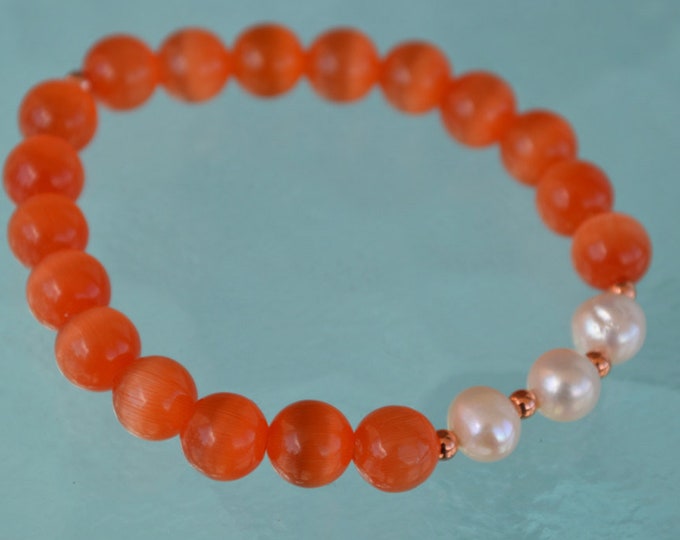 Mala Bracelet - Wrist Mala - Healing Orange Cat's Eye Bead Yoga Bracelet with PearlsChristmas