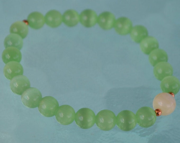 Mother of Pearl & Cat's Eye Bracelet, Green Glass Beads Bracelet