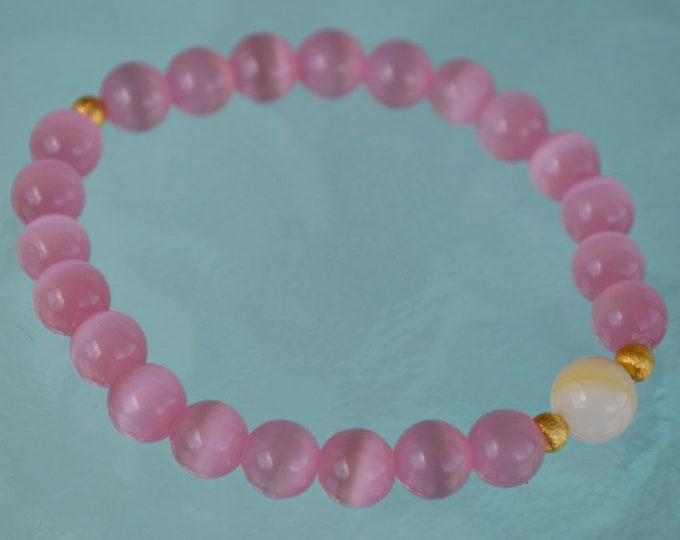 8mm Pure Mother of Pearl Pink Cat's eye Glass Beads braceletChristmas