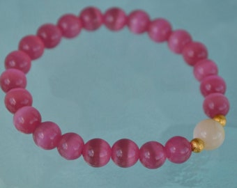 8mm Pure Mother of Pearl Pink Cat's eye Glass Beads braceletChristmas