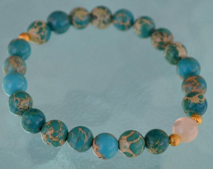 Mother of Pearl Teal Sea Sediment Jasper Mala Beads bracelet - Harmony in relationships, Helps fight negativity and warding off ill habits.