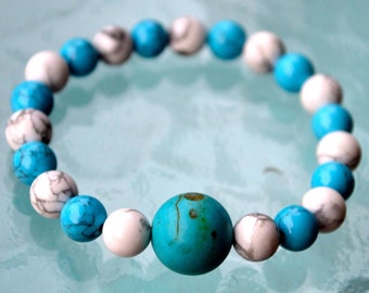 Howlite & Turquoise Handmade Healing Mala Beads Bracelet - For Friendship, High BP, Heart Chakra, Detoxification, Insomnia, 7th Chakra
