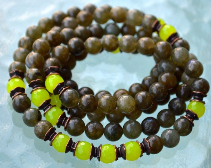 108 Buddhist Mala Beads,Mantra Beads, 8 mm Power Stone Labradorite and Lime Jade Mala to Stimulate Imagination, Enthusiasm & New Ideas,