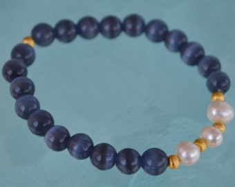 Cat's Eye & Pearl Bracelet, Blue Cats Eye, Fresh Water Pearl