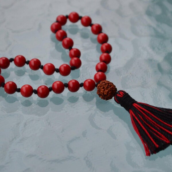 27+1 Red Coral Pocket Mala Beads Necklace - blood force energy, stimulating the bloodstream, depression, lethargy or deficient nutrition.