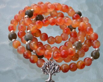 Tree of Life, 108 Mala Beads, Orange Fire Brick Agate Labradorite Prayer Beads for Protection, Courage,Stress Relief, Bad Planetary Effects