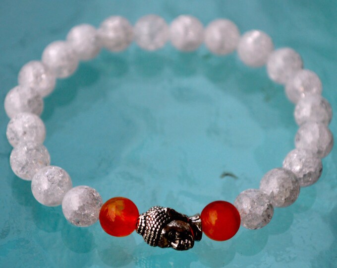 Cyber Monday Sale 8mm Crystal Quartz Himalyan Ice with Carnelian Budha Prayer Beads Handmade BraceletChristmas