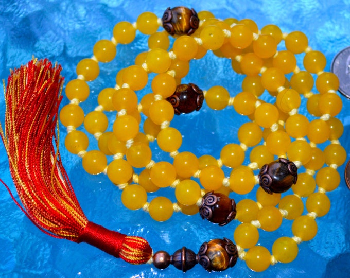 Mala Bead Necklace, Prayer Beads, Knotted Mala, Yoga Gift For Her, Yoga, Yellow Jade, Tiger Eye mala, Healing Mala, 108 Mala, Tassel Mala