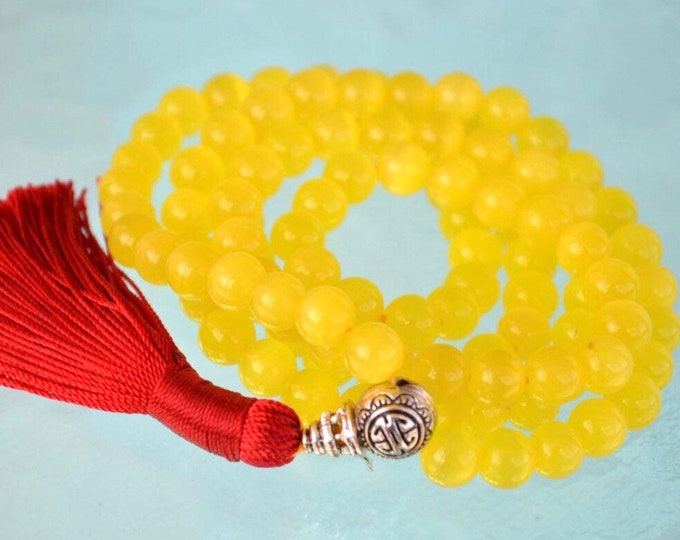 8mm Yellow Cat's eye Glass Beads Mala Necklace 108 Prayer BeadsChristmas