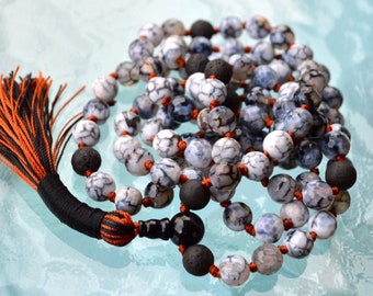 Natural Fire Agate Dragon Vein, Lava & Black Onyx Hand Knotted Mala Beads Necklace - Meditation Chanting Rosary 8mm 108 Prayer Beads