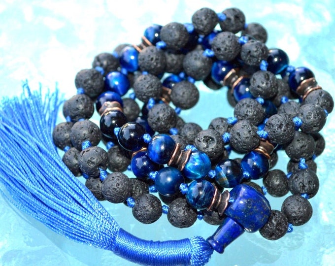 Lava Stone & Blue Tiger Eye Necklace, Yoga Jewelry, Prayer Beads