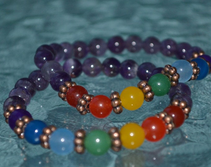 7 Chakra Bracelet with Amethyst Beads, For Men & Women