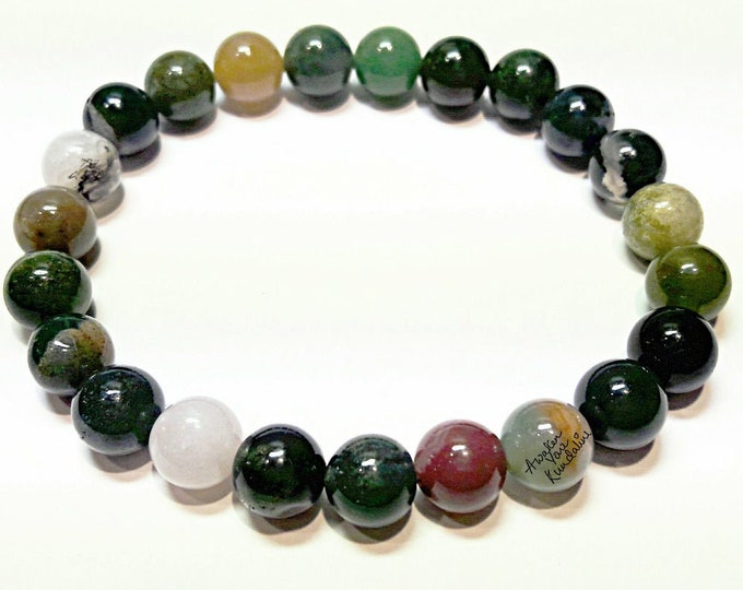 Indian agate chakra bracelet, Indian agate stretch bracelet, green Indian agate sacral chakra healing good luck bracelet, beaded stretch