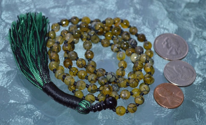 108 Green Agate Dragon Vein Hand Knotted Mala Bead Necklace Buddhist Prayer Beads Knotted Gemstone Mala Energized for Spiritual Awakening