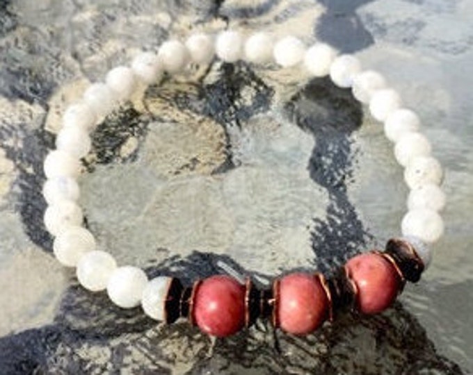 Rhodonite Moonstone Bracelet, Gemstone Bracelet, Elastic Bracelets for Women, Gift for Her, Layering Bracelet, Natural Stone Bracelet