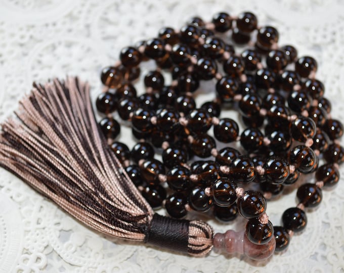 natural smoky smokey quartz brown crystal mala beads necklace root chakra aids sexual life AAA grad knotted yoga jewelry 108 beaded necklace