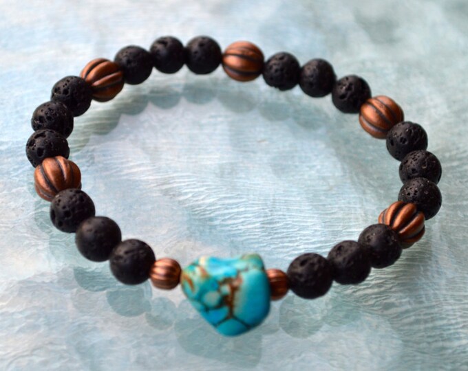 Lava Stone Bead Bracelet, Turquoise Stones & Lava Stone - 8mm bead Stretch Bracelet