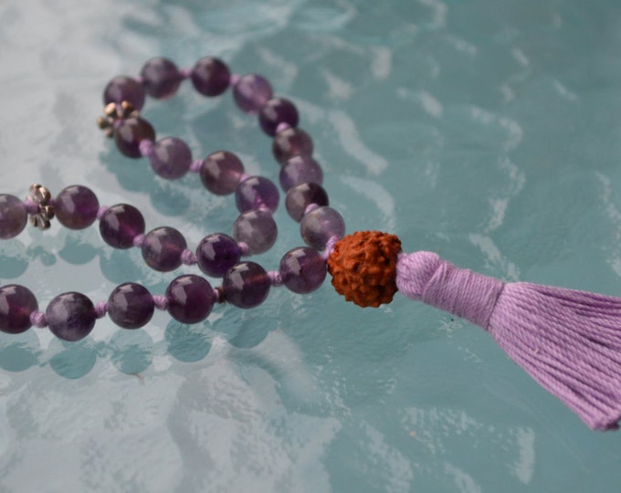 Rudraksha Amethyst mini mala Amethyst pocket mala 27 bead Touchstone worry beads Stress relief fidget Mens mala Purple mala Yoga Jewelry him