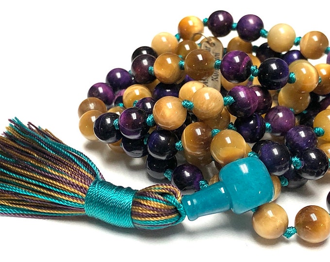 Yellow Tiger Eye and Purple Tigers Eye Mala Necklace 108 Protection Bead Necklace for men women 108 knotted mala necklace Tiger Eye Jewelry