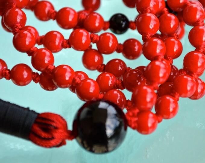 Red Coral Mala, Mala Beads, 108 Mala, Mala Necklace, Black Onyx Mala Necklace, 108 Mala Beads, Mantra Mala, Healing Mala, Mala Prayer Beads