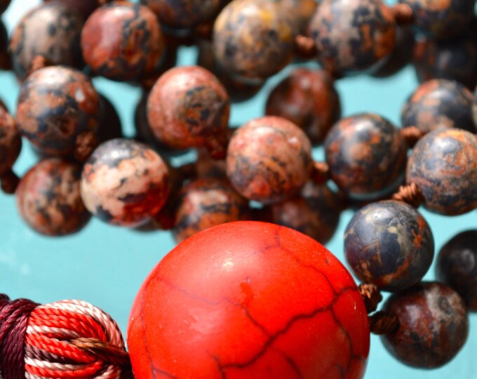 Red Leopardskin Jasper Red Howlite Prayer Beads Hand Knotted Mala Beads Necklace - For Protection, Creative Vision, Emotional Healing