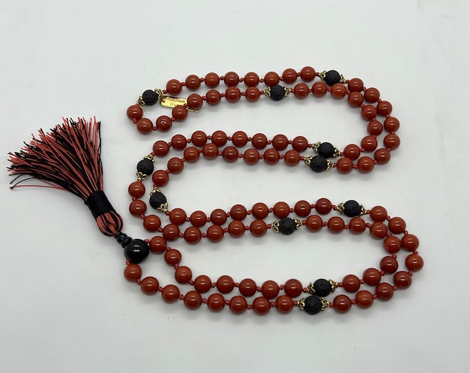 Basalt Lava and Red Jasper Mala Necklace with Lava Beads - Grounding Crystal Jewelry for Meditation and Chakra Balancing