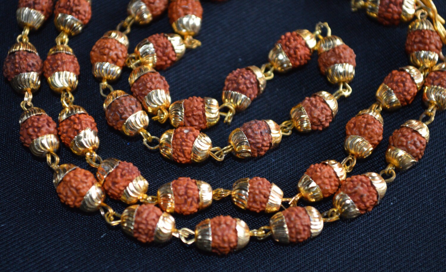 Rudraksh Beads, Rudraksha Mala Beads Necklace with Golden caps links ...