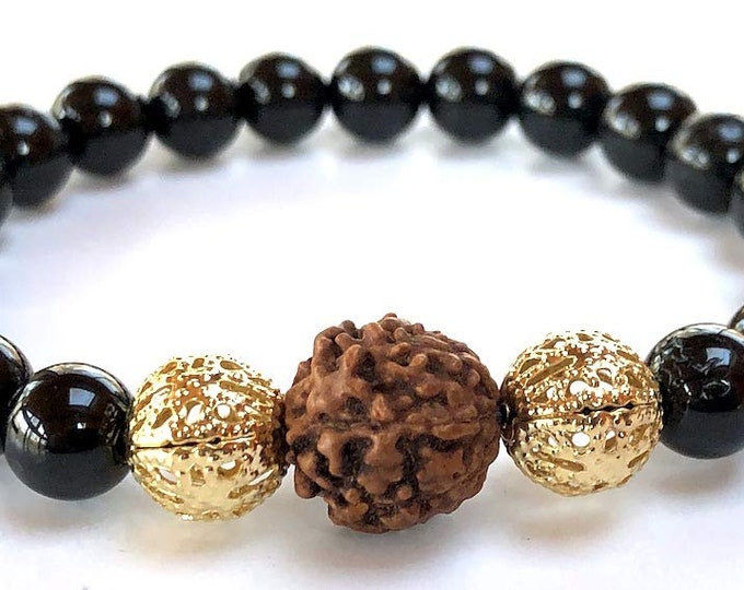 Empath Protection // 7 Mukhi Rudraksha and Black Tourmaline Bracelet // Aura and Negative Energy Protection // Reiki Jewelry // Healing Mala