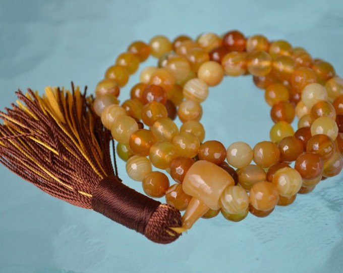 Mustard Yellow Lace Agate Mala beads Necklace, agate mala yellow tassel beaded agate necklace y necklace statement necklace, yellow necklace