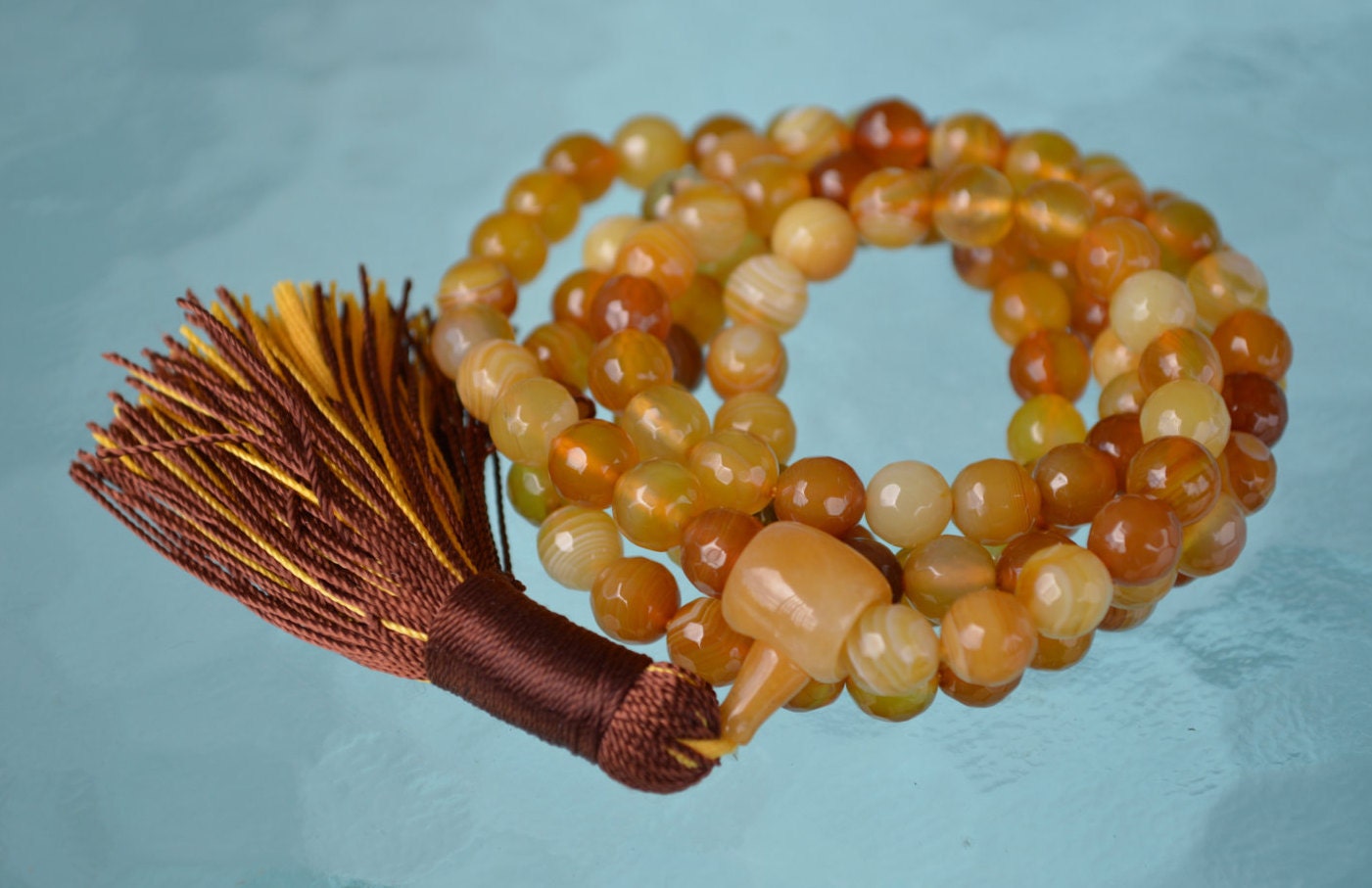 Mustard Yellow Lace Agate Mala beads Necklace, agate mala yellow tassel ...