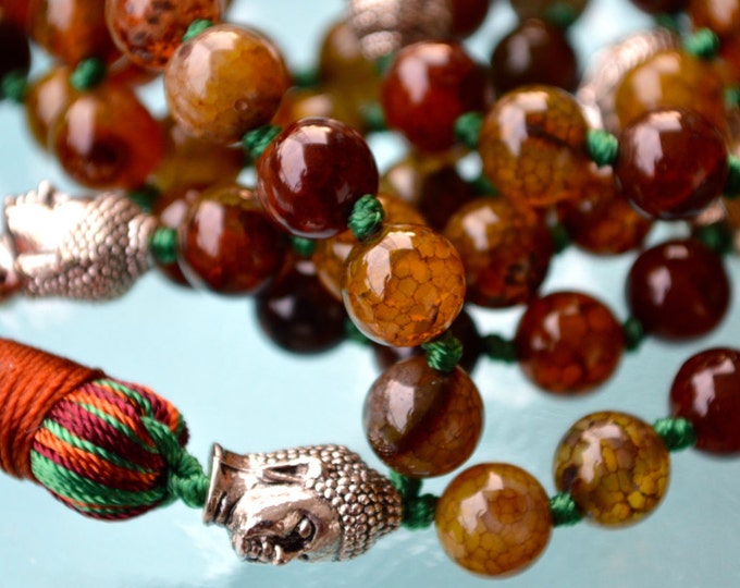 Budha Natural Agate Dragon Vein Hand Knotted Mala Beads Necklace - 108 Healing Beads For Love, Protects Against Misfortune, Creativity