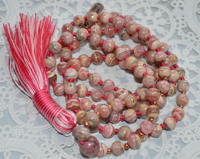 AAA Grade Rhodochrosite Knotted Mala Bead fNecklace or Heart Chakra, Unconditional love, Rhodochrosite Jewelry, Self-worth, Emotional Stress