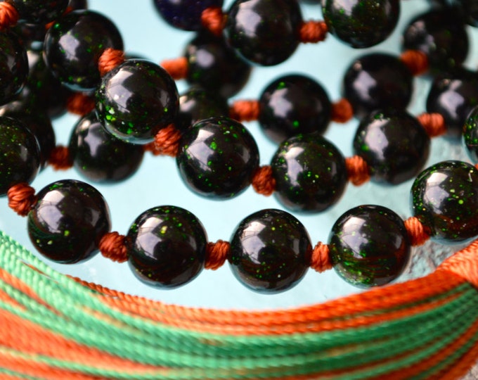 8mm Green Goldstone Sandstone Prayer Beads Hand Knotted Japa Mala - Karma Nirvana Meditation Awakening Chakra Kundalini Rosary 108+1 Beads