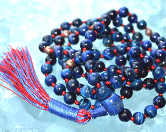 Blue Tiger Eye Necklace - Mens Necklace - Beaded Necklace - Crystal Necklace - Gemstone necklace - Blue Hawk's Eye Mala Necklace