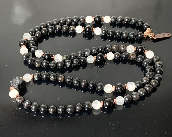 Astrophyllite Selenite Black Tourmaline Mala Necklace Beaded AAA Beads Mala Marriage Crystals and Stones Crown & Soul Chakra one of a kind