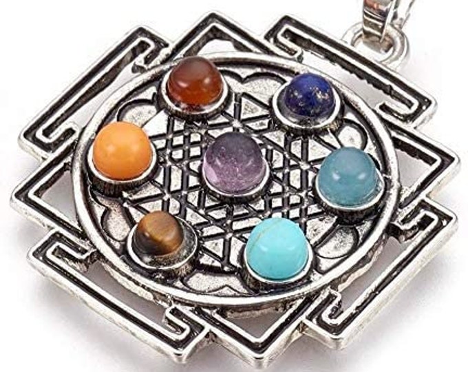 Seven Chakra Gemstone Pendant Reiki Crystal Healing Stones Chakra Balancer - Zinc Alloy Silver/Polished  Sri Yantra Pattern 1.5x1.5" Inch