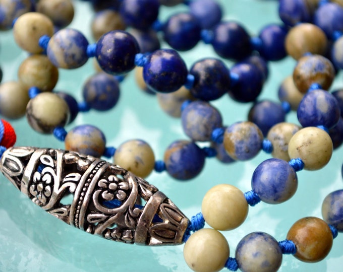 Sodalite 108 Hand Knotted Mala Buddhist Beads Necklace - Energized Karma Nirvana Meditation 8mm Prayer Beads For Awakening Chakra Kundalini