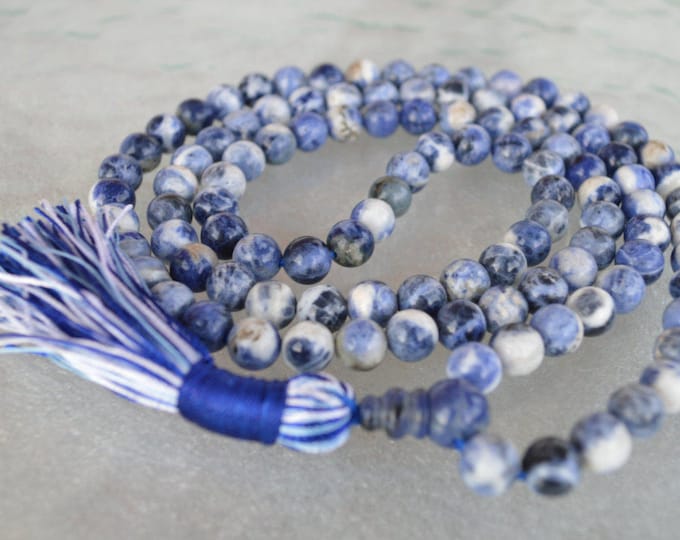 108 Blue Sodalite Mala Beads Necklace, Sodalite Healing Jewelry to Overcome Fears, Helps get rid of Guilty feelings and Irrational Fears
