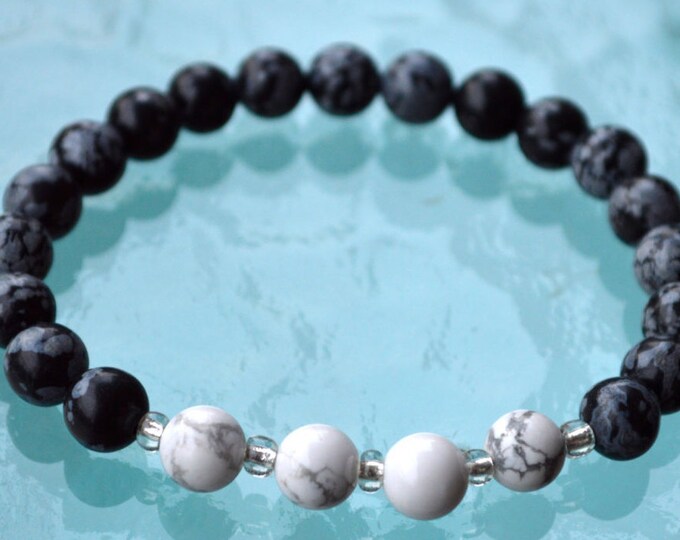 Snowflake Obsidian & Howlite Handmade Karma Mala Beads Bracelet - Stimulates Concentration, Sexual Tensions Absorbs Anger Dippression