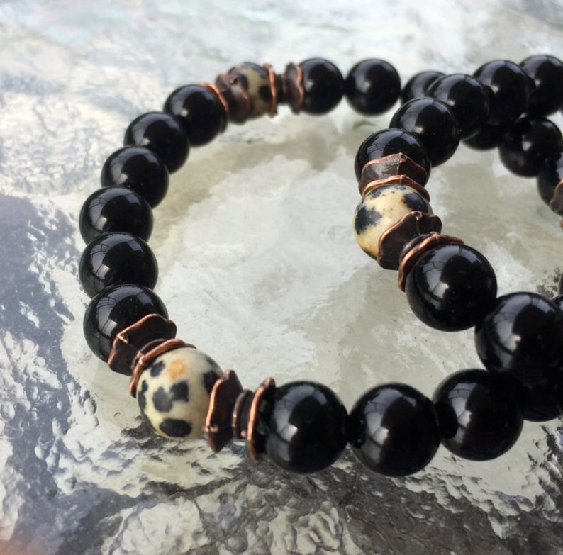 Black Onyx Dalmatian Jasper Wrist Mala Beads Healing Bracelet For Courage Determination Rejuvenation & Fights Depression Negative Ener image 2
