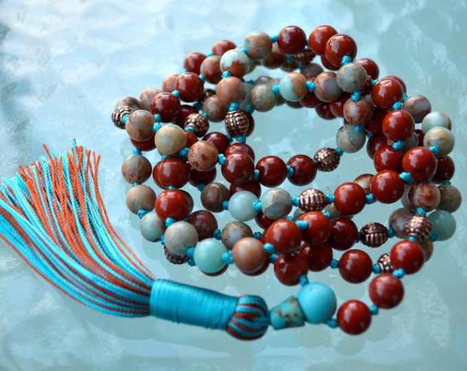 108 Mala Necklace, Buddhist Prayer Bead, Japa Mala Beads, Red Jasper & Aqua TeRra for Spirituality, Deepening Meditation Practice and De