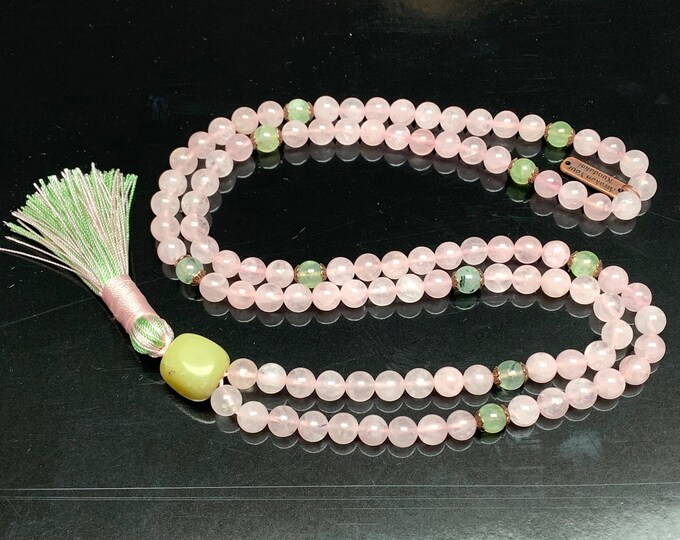 108 Bead Mala,Rose Quartz and Prehnite Mala Beads Necklace, Meditation Mala, mala beads, necklace, gift for her, gemstone necklace