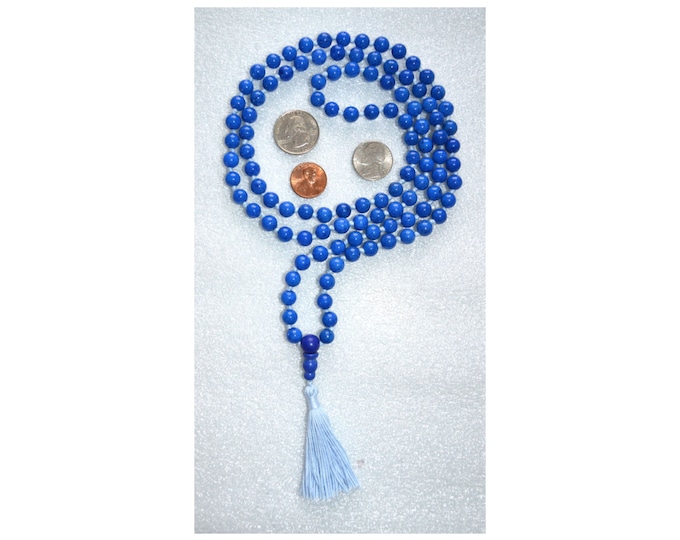 Knotted Mala Beads - 108 Jade Blue Agate Beads Necklace - Blessed Karma Nirvana Meditation 8 mm Prayer Beads For Awakening Chakra Kundalini