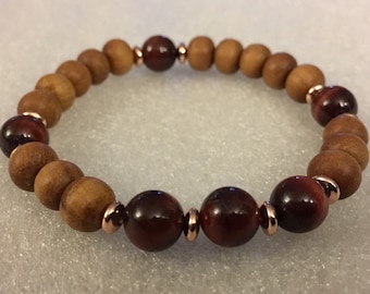 8mm sandalwood bracelet with strawberry quartz amethyst or green prehnite tube bead, sandalwood w amethyst, sandalwood w prehnite bracelet