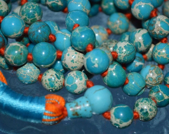 Mantra Mala, Blue Sea Sediment, 108 Buddhist Mala Necklace, Meditation Beads, Zen Mala, Yoga Mala Necklace, Gemstone Mala Prayer Beads Harmo