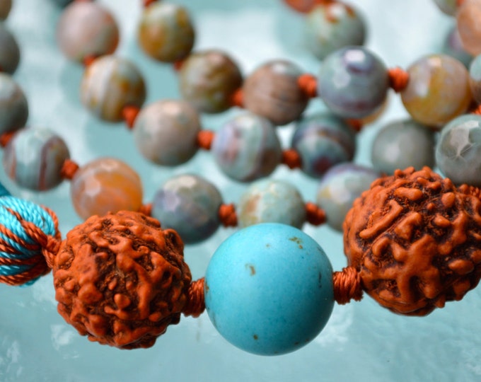 Amazonite, Turquoise, Rudraksh, Rudraksha, beads, Hand Knotted Mala, Necklace - Nirvana Meditation 8mm Prayer Beads For Awakening Chakra