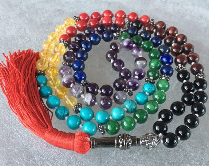 108 Beads, 7 Chakra Healing, Meditation Mala Necklace, Spiritual Protection Prayer Beads Tassel Necklace