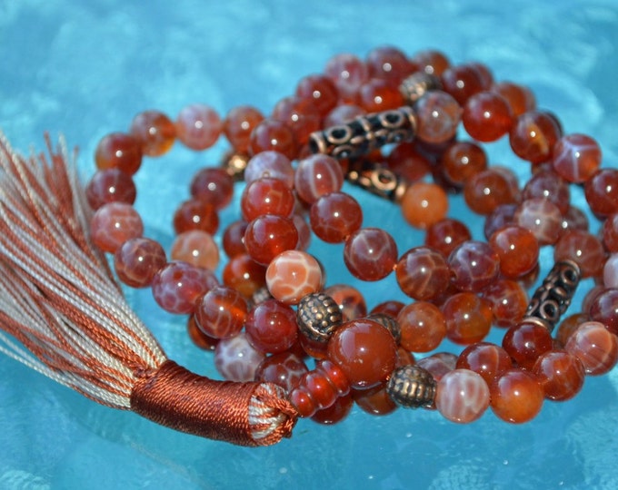 Natural Red Fire Agate Mala Beaded Necklace, Improves Sexual Activity,Snakeskin Carnelian, Fire Carnelian, and Snakeskin Fire Agate